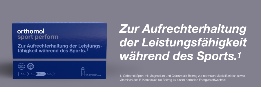Orthomol Sport perform Packung. Text: Zur Aufrechterhaltung der Leistungsfähigkeit während des Sports.